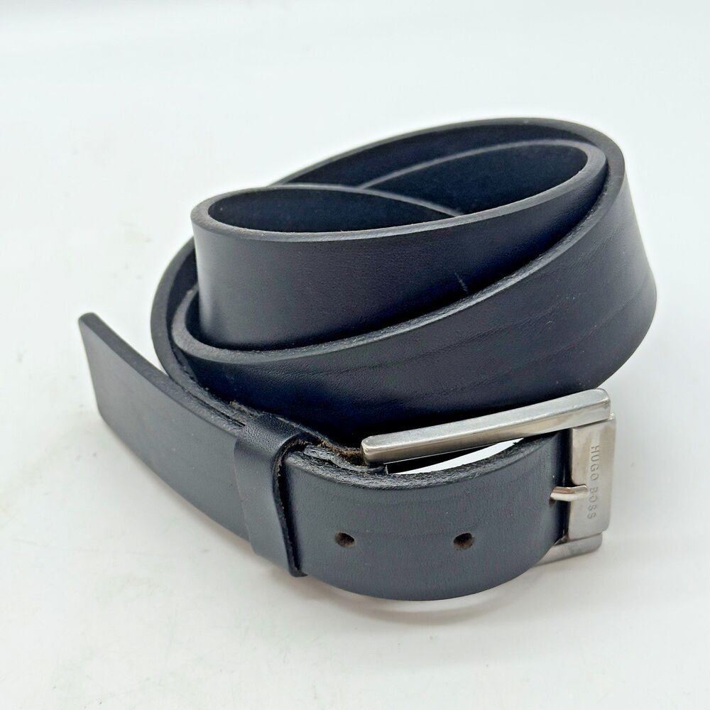 Hugo Boss Black Cow Leather Belt Men's 38 Engraved HB Silver Tone Buckle 5128 - Picture 5 of 14